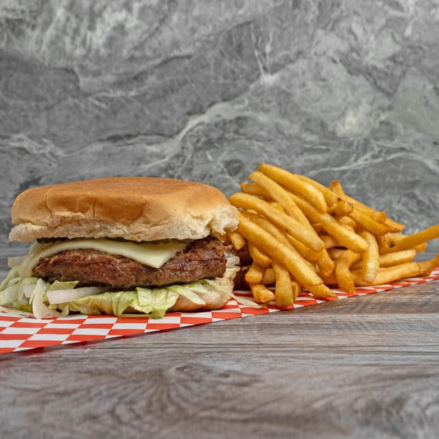 Beef Cheese Burger with Fries.